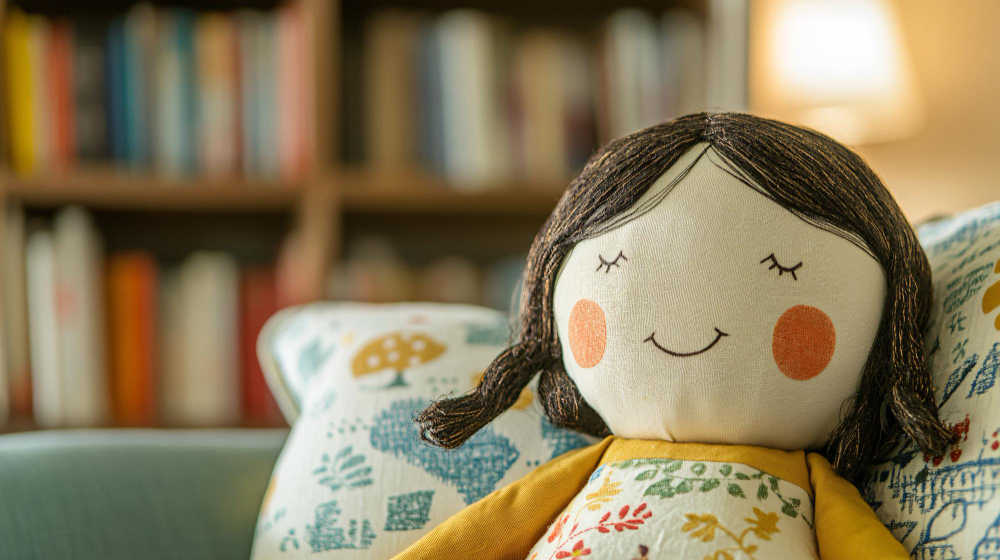 Bambola di pezza sorridente seduta sul divano